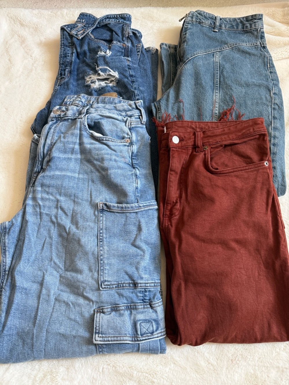 Bundle of Four Denim & Rust Jeans - Light Wash + Red
